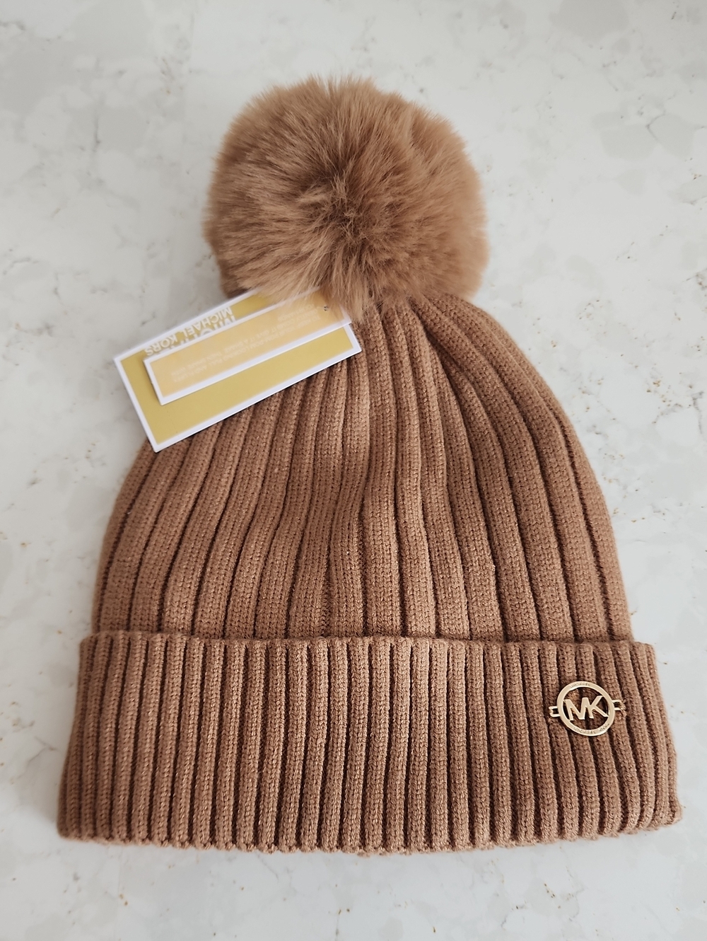 Michael Kors Camel Ribbed Pom-Pom Beanie with Gold MK Accent